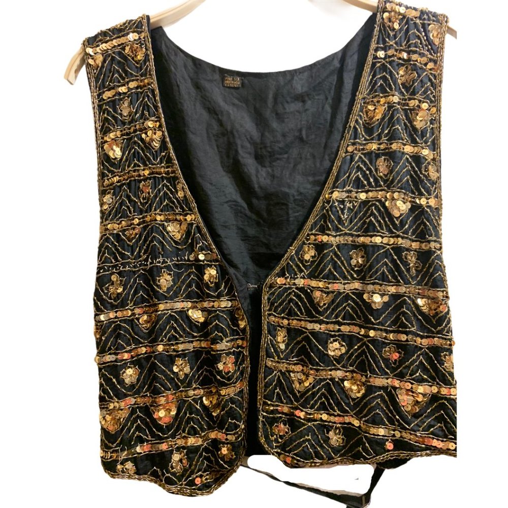 Vintage 100% Silk Black & Gold Sequin Vest | Handmade Embellished Boho Waistcoat